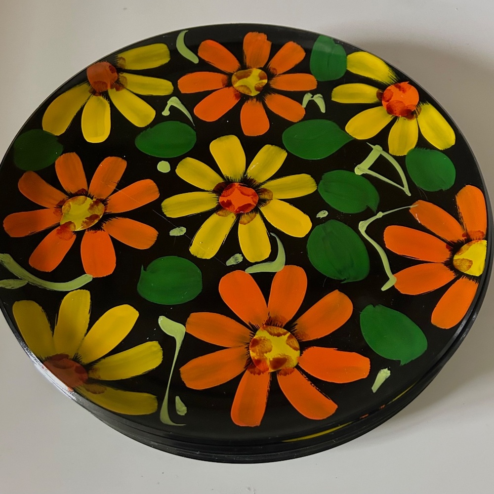 Vintage 1960s Japan MCM Round 13" Tray / Platter Hand Painted Flower Power